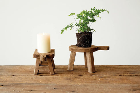 Creative Co-Op Round Wood Pedestal with Handle, Small, Brown