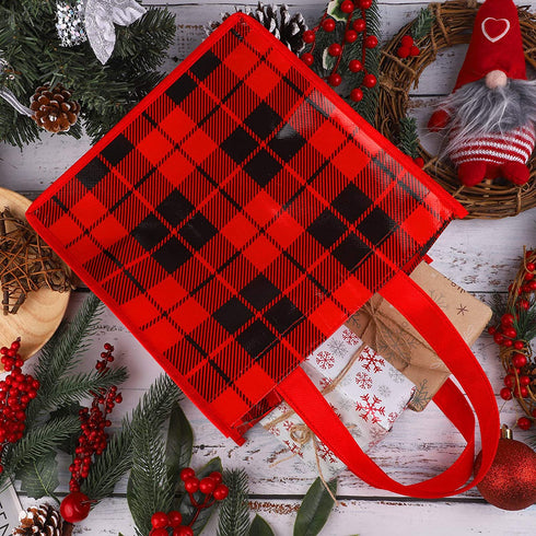 Aneco 12 Pieces Red and Black Plaid Non-Woven Bags Christmas Party Treat Bags Gift Tote Bags 9.8 x 7.9 x 9.8 Inch for Party Favors