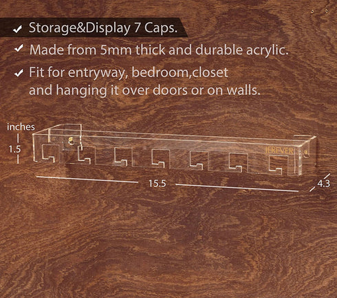 Hat Rack Caps Organizer Storage Holder,Acrylic Hanger with 7 hooks,baseball caps rack for Closet Door Wall Mount (Clear)