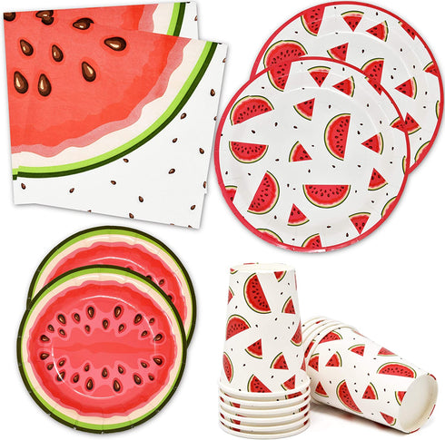 Watermelon Party Supplies Tableware Set 24 9" Plates 24 7" Plate 24 9 Oz. Cups 50 Lunch Napkins Pink Green Melon Fruit Slice Disposable Paper Goods for Summer Picnic Baby Shower & Birthday Party Decor