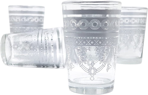 Nomad Treasure's Glass Coffee Set, (6 PACK) 6 Ounces made by hand. Hot/Cold Beverages, Thermal Shock Resistant, Cup for Cappuccino, Latte, Espresso, Wine and Juice, Moroccan tea glasses - Silver