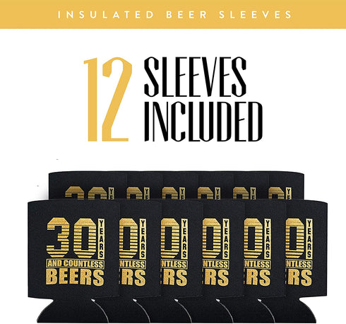 Happy 30th Birthday Decorations for Him, Dirty Thirty Birthday Beverage Can Cooler Sleeves, Insulated Holder Gift Ideas and Party Favors for Men, 12-Pack, Black & Gold