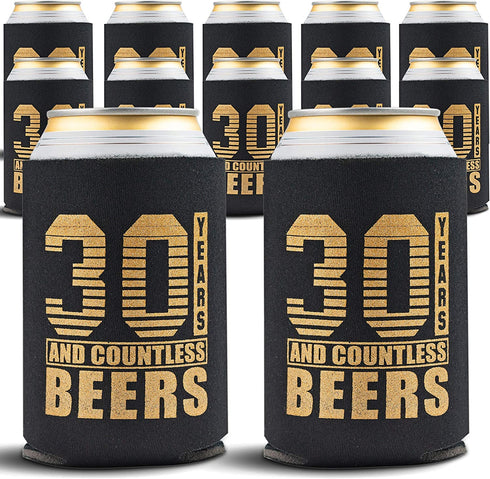 Happy 30th Birthday Decorations for Him, Dirty Thirty Birthday Beverage Can Cooler Sleeves, Insulated Holder Gift Ideas and Party Favors for Men, 12-Pack, Black & Gold
