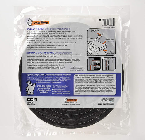 Frost King L346 Self-Adhesive Open Cell Tape, 17 Ft L X 3/4 in W 1/2 in T, Polyfoam, Charcoal