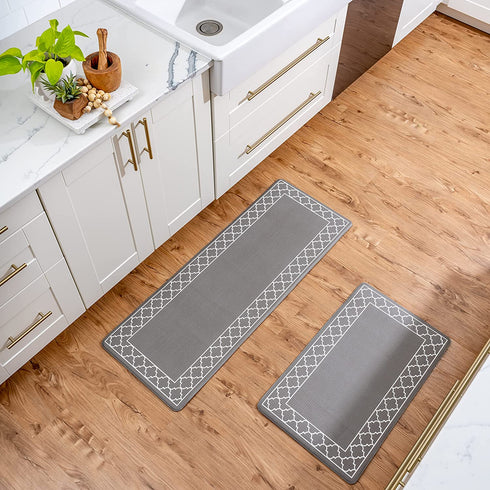 KitchenLit Kitchen Mat (2 PCS), Cushioned Anti Fatigue Kitchen Rug, Stainproof Kitchen Rugs and Mats Non Skid Washable, Memory Foam Kitchen Rug Set, Heavy Duty Black Rugs for Kitchen, Office (Edge)
