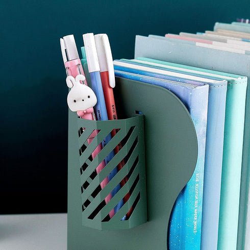 Adjustable Bookend Metal Book Ends Nonskid Bookends Desk Bookshelf Book Rack Binder Holder, Book End for Heavy Book Holder, Desk Books Organizer (Green)