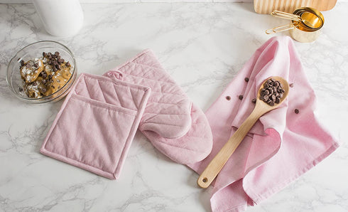 DII 100% Cotton Solid Chambray Kitchen Set, Oven Mitts, Rose, 2 Piece