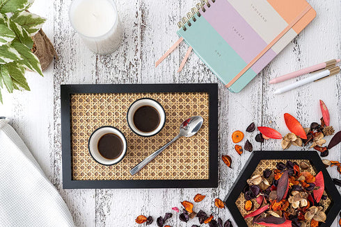 Premium Rattan Bamboo Tray, Set Of 2 Pcs Hexagon and Rectangular Hand Woven Modern Minimalistic Design, Living Dining Room Kitchen Serving Tray - Coffee, Breakfast, Food, Fruits, Countertop Decoration