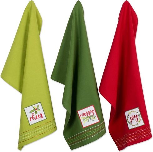 DII Holiday Kitchen Collection Embroidered Dishtowel Set, 18x28, Cheers Merry & Joy, 3 Piece