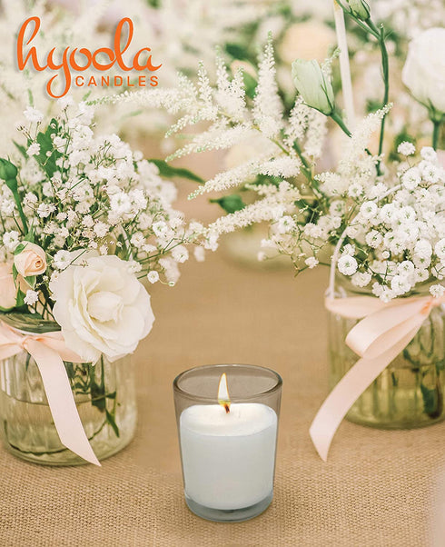 White Votive Candles - 12 Pack - Clear Glass Cups, Unscented, Extra Long 15 Hour Burn Time - for Party Decorations, Birthday, Wedding and Dinner Centerpieces - Hyoola