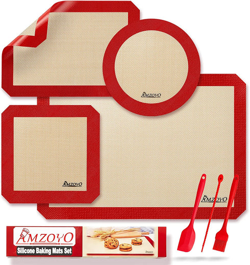 AMZOYO Set of 4 Silicone Baking Mats for the Oven - Includes Half, Quarter, Round, and Square Sheet Liners - 100% Non-Stick and Reusable - BPA Free and Heat Resistant - Washable and Dishwasher Safe