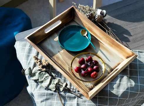 EZDC Coffee Table Tray, Wooden Tray, Ottoman Tray Light Brown 16 x 12 Modern Aesthetic Decorative Serving Tray with Handles for Drinks and Food