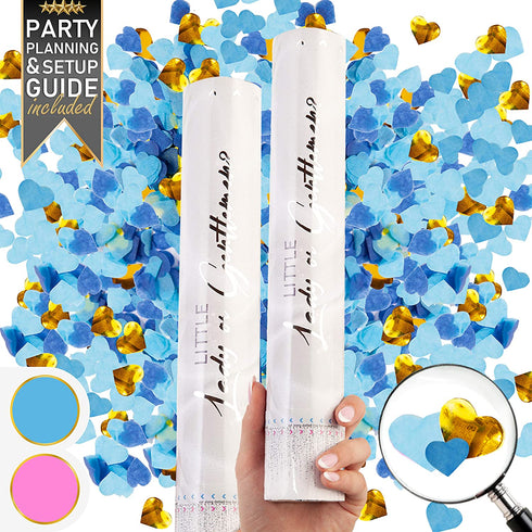 Premium Gender Reveal Confetti Cannon - Set of 2 | Heart Shaped Confetti, Pink or Blue | Gender Reveal Decorations, Gender Reveal Ideas, Boy or Girl Gender Reveal Poppers, Baby Reveal Party Sparklers