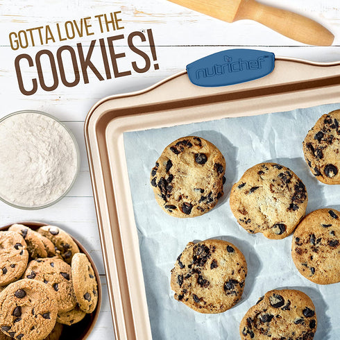 3-Piece Nonstick Bakeware Set - PFOA, PFOS, PTFE-Free Carbon Steel Baking Trays w/ Heatsafe Blue Silicone Handles, Oven Safe Up to 450°F, Small, Medium & Large Cookie Sheet Pans