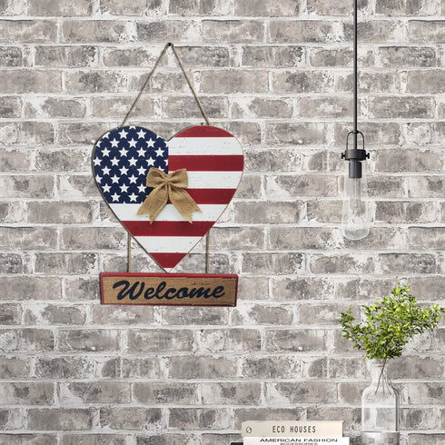 T&Garice Wooden Hanging Heart Welcome Sign, Patriotic Welcome Sign for Front Door Wreath 4th of July Independence Day Memorial Day Indoor Outdoor Wall Decoration