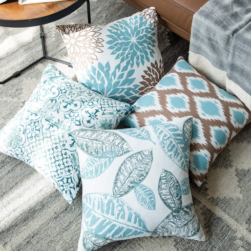 Phantoscope Set of 4 New Living Series Decorative Blue and Coffee Throw Pillow Case Cushion Cover 18 x 18 inches 45 x 45 cm