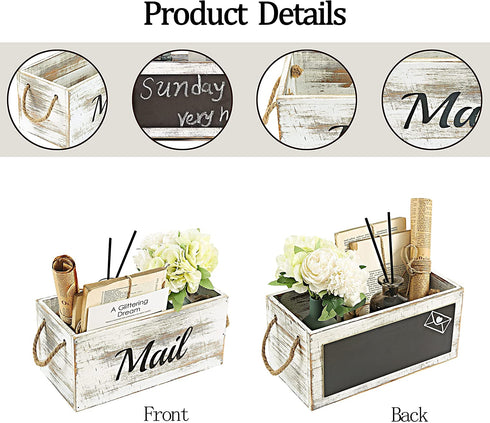 HoreZer Wood Mail Holder Box,Decorative Mail Organizer Box Countertop,Letter Holder Box for Desk with Chalkboard & Rope Handles,Rustic Desk Mail Organizer Home Office(White)