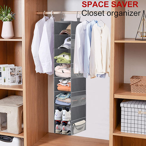 MISSLO 8-Shelf Hanging Shoe Organizer Clothes Closet Organizers and Storage Shelves Hat Holder with Large Shelf and Side Mesh Pockets for Hats Handbags Kid Sweater, Grey