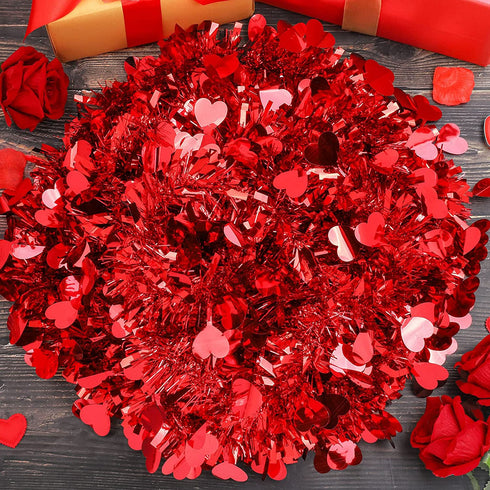 Fovths 32.8 Feet Valentines Tinsel Garland Metallic Tinsel Twist Garland with Red String Lights Valentines Tree Hanging Garland Decoration for Valentine Indoor Outdoor Decorations (Red)