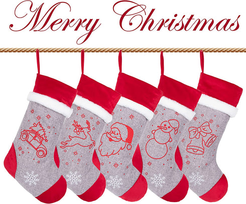 LUBOT Set of 5 Christmas Stockings (21inch) Embroidered Burlap Applique Flannel with Faux Fur Fireplace Hanging for Family Decorations Xmas Gift