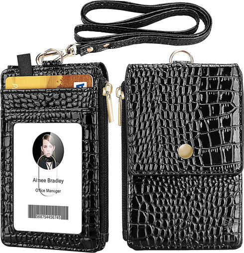 ELV Badge Holder with Zipper, PU Leather ID Badge Card Holder Wallet with 5 Card Slots, 1 Side RFID Blocking Pocket and 20 inch Neck Lanyard Strap for Offices ID, School ID, Driver Licence