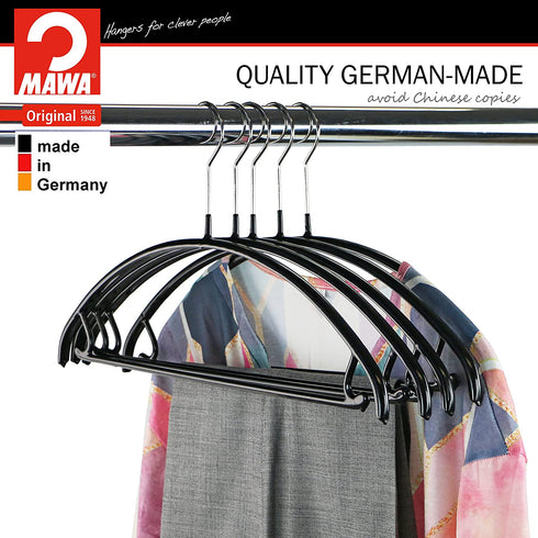 MAWA by Reston Lloyd Model 42/U Euro Non-Slip Space-Saving Clothing Hanger with Bar& Hooks for Skirs, Pack of 5, Black, 5 Count