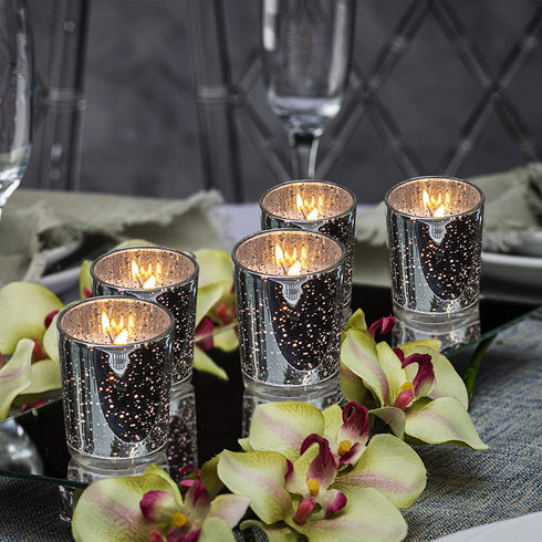 KISCO CANDLES: 10 Hour Votive Candles with Holders 12-Pack Silver Decorative Glass Home Decor, Beautiful Living Room, Kitchen, Bathroom Lighting | Long-Lasting Wax