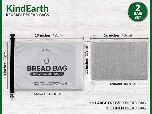 KindEarth - 2 Bread Bags, Reusable Bread Storage Keeper for Freezer, Extra Large Loaf Container, Organic Linen Cloth Cotton Bag, Gift Giver for Bread Maker, Keeps homemade Sourdough Bread Fresh