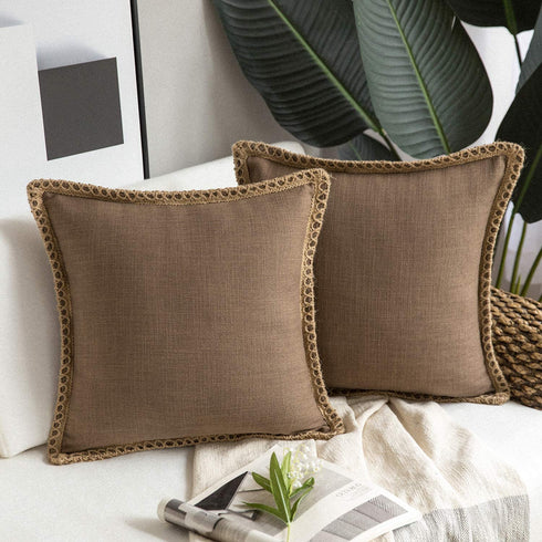Phantoscope Pack of 2 Farmhouse Decorative Throw Pillow Covers Burlap Linen Trimmed Tailored Edges Pillowcase, Grey, 18 x 18 inches, 45 x 45 cm