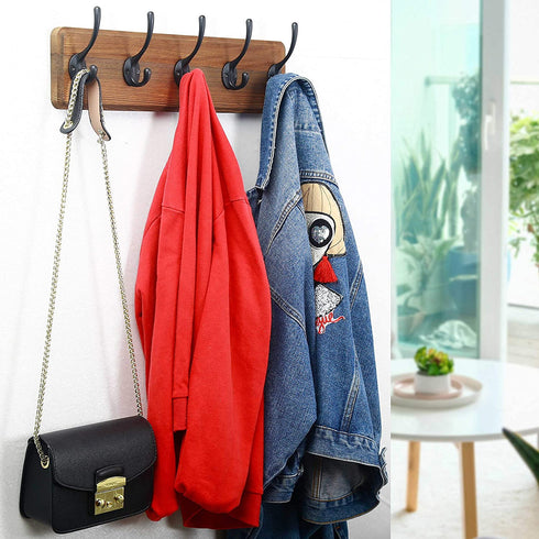 SKOLOO Rustic Wall Mounted Coat Rack: 16-inches Hole to Hole, Case of 2, Pine Solid Wood Coat Hook Hanger - 5 Hooks for Hanging Clothes Robes Towels Coats