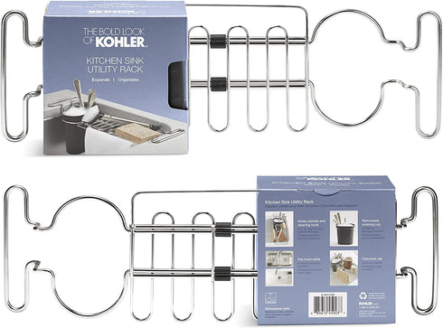 KOHLER Multi-Purpose Over-the-Sink Drying Rack, Caddy with Kitchen Towel Bar Holder, Soaking Cup. Expandable 14.6" to 17.6", Stainless Steel, Charcoal