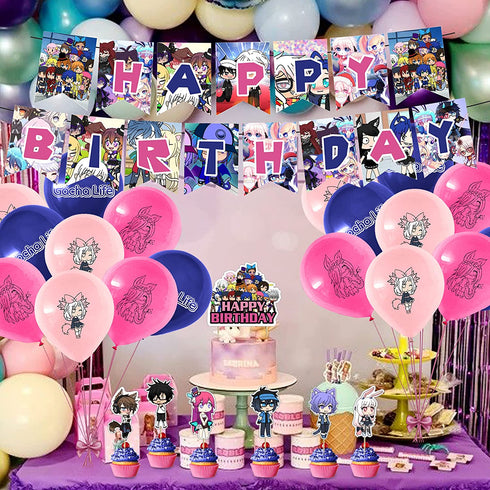 32 Pcs Gacha Life Theme Birthday Party Decorations,Party Supply Set for Kids with 1 Happy Birthday Banner Garland , 13 Cupcake Toppers,18 Balloons for Party Decorations