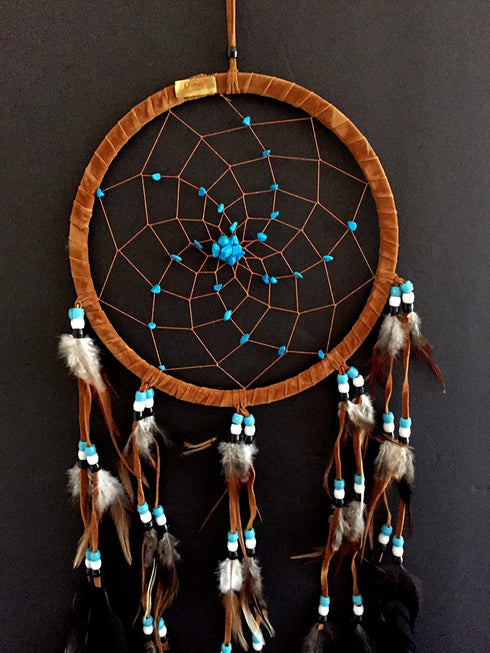Dream Catcher Dreamcatcher - Brown Suede with Turquoise Details - Handmade, Large Size - 28" Long x 9" Diameter - OMA Brand