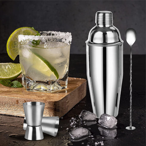 Amico Premium Stainless Steel Bar Set 24 Ounce with 6 Pcs Accessories Innovative Rubber Ring Design with Mixing Spoon, 2 Pourers, Jiggle & Muddler Built-in Bartender Strainer (Includes Muddler)