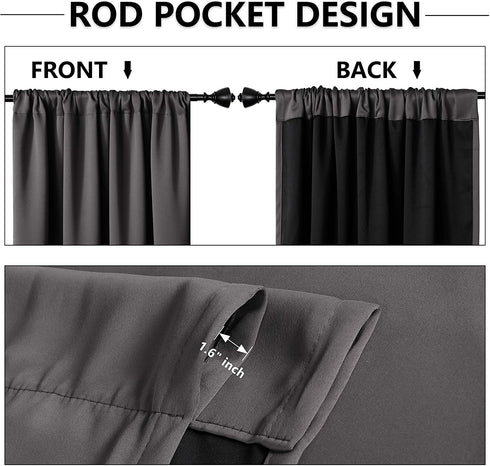 WONTEX 100% Grey Blackout Curtains for Bedroom 52 x 63 inch Length - Thermal Insulated, Noise Reducing, Sun Blocking Lined Rod Pocket Window Curtain Panels for Living Room, Set of 2 Winter Curtains