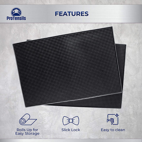 Bar Mat by ProTensils, 18" x 12", Quality Rubber Barber Service Mat, Black Coffee Bar Mats, Spill Mat for Counter-Top (2 Pieces)