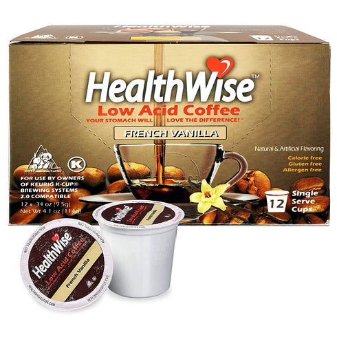 Healthwise French Vanilla Low Acid Coffee K-Cups - Acid Reflux, Heartburn, Gastro Issues - Healthier Coffee For Sensitive Stomachs - Available In 4 Different Flavors - 12 Count (Pack of 1)