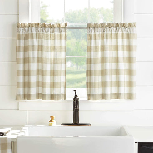 Elrene Home Fashions Farmhouse Living Buffalo-Check Tier Curtain Set for Bathroom or Kitchen Curtains, 30" x 24"(Set of 2 Tiers), Tan/White
