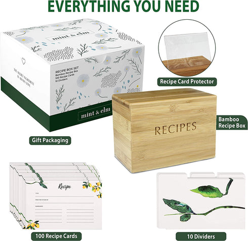 Mint & Elm Recipe Box with 100 Cards and 10 Dividers - Recipe Organizer Includes Plastic Holder for 4x6 Cards (Natural Bamboo)