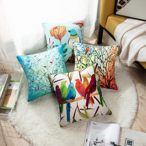 Emvency Set of 4 Throw Pillow Covers of Birds Tree Life and Green Oil Painting Hundreds Bird Decorative Pillow Cases Home Decor Square 20x20 Inches Pillowcases