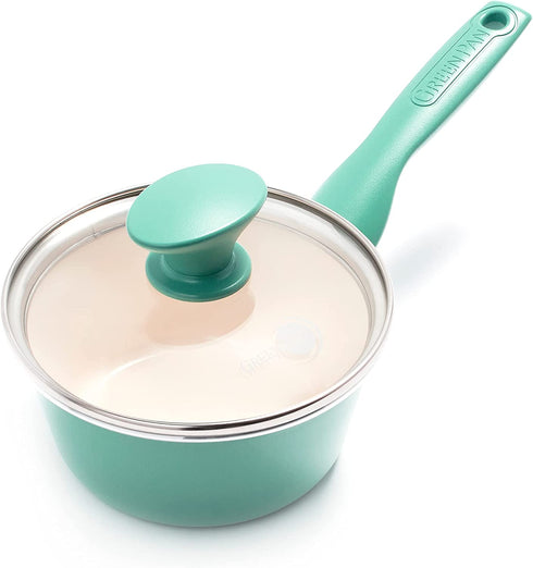GreenPan Rio Healthy Ceramic Nonstick 1QT Saucepan Pot with Lid, PFAS-Free, Dishwasher Safe, Turquoise