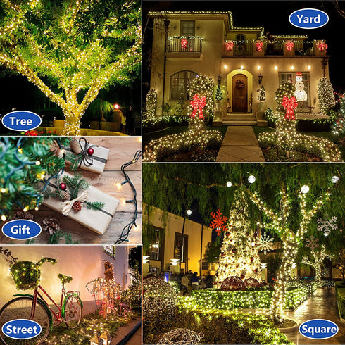 Decute Warm White Christmas String Lights Waterproof 300LED 105FT UL Certified with End-to-End Plug 8 Modes, Outdoor Indoor Starry Fairy Lights for Christmas Tree Patio Garden Wedding Party Decor