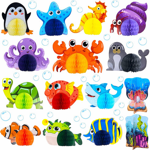 15 Pieces Sea Animal Honeycomb Centerpiece, Ocean Themed Marine Creature Decoration Table Honeycomb Party Supplies for Party Table, Birthday, Baby Shower Blue