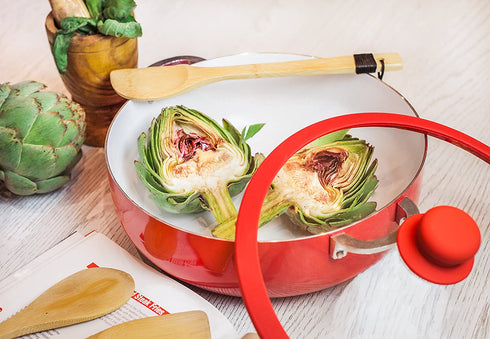 IMUSA USA 3.2Qt Red Ceramic Nonstick Caldero (Dutch Oven) with Silicone Rim & Glass Lid