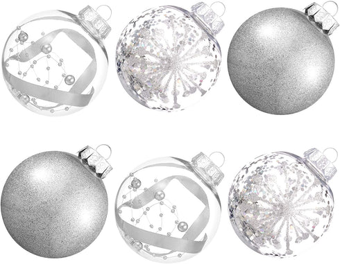 XmasExp Christmas Ball Ornaments Set-70mm/2.76" Silver Large Shatterproof Clear Glitter Pastic Christmas Ball Ornaments Xmas Tree Decoration Delicate Hanging Ornament for Xmas Party (12 Counts,Silver)