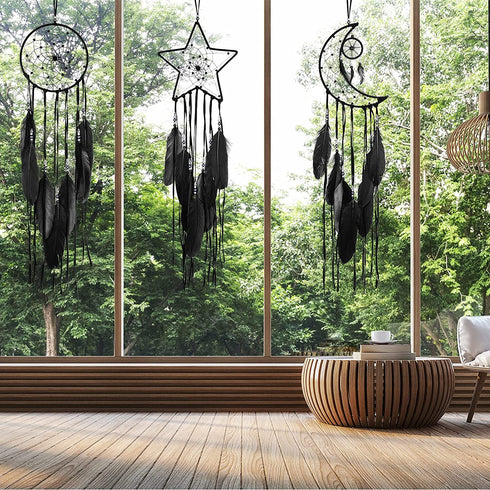 3 Pieces Dream Catcher Moon Sun Star Design Handmade Traditional Design for Wall Hanging Home Decoration (Black)