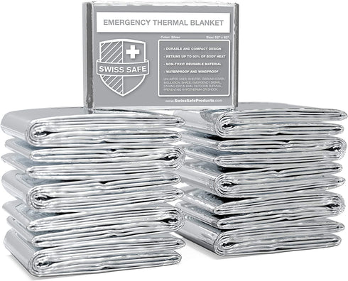 Swiss Safe Emergency Mylar Thermal Blankets, Designed for NASA, Outdoors, Survival, First Aid, Silver, 10 Pack