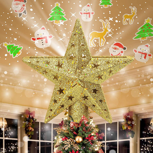 Christmas Tree Topper Star Christmas Tree Topper Lighted with LED Magic 5 Dynamic Patterns Rotating Projector and Switch, 3D Glitter Hollow Gold Xmas Tree Topper for Christmas Tree Decorations