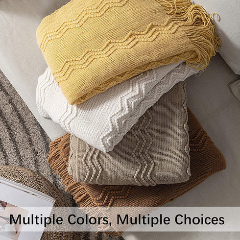 MIULEE Throw Blanket for Couch Textured Knitted Blanket with Tassels Cozy Woven Boho Bed Blanket for Sofa Bed Chair Wave Pattern 50"x60", Orange Yellow