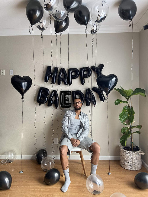 Happy BAEDAY Black Balloon Kit | Valentines Day Balloons | Anniversary Decorations | Best Black Balloons For Him | 16" XO Letter Balloons | Foil & Confetti Balloons | Black Heard Balloons